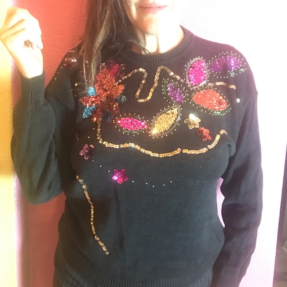 Vintage Holiday Sweater with sequins & appliqués.